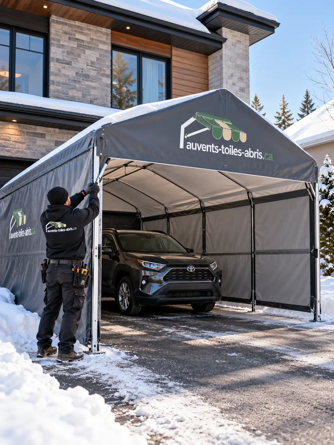 Montage d'un abri d'auto en hiver